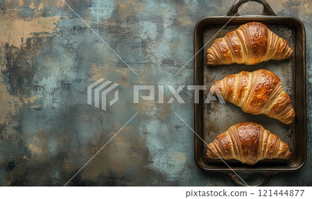Fresh croissants on tray on rustic background 121444877