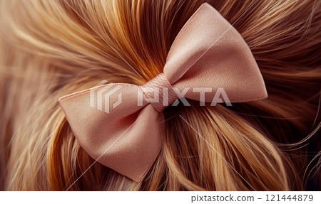 Pink ribbon bow in girls hair 121444879