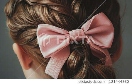 Pink ribbon bow in girls hair 121444880