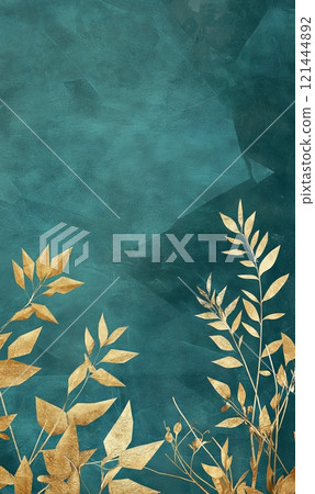 Abstract golden painted flowers. Spring concept. Frame template for decoration, invitation, greeting card with copyspace for your text. Turquoise and gold colored. Abstract golden painted flowers. Spring concept. Frame template for decoration, invitation, greeting card with copyspace for your text. Turquoise and gold colored. 121444892