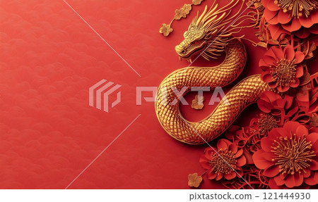 Chinese New Year background, year of the snake concept. Red and golden colored 121444930