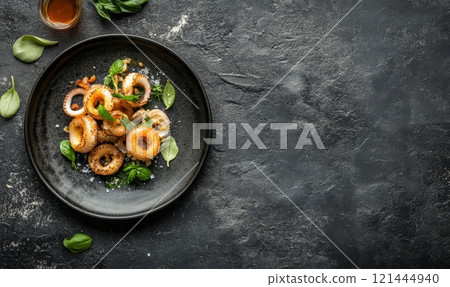 Fried crispy squid rings in tempura. Tasty snack on a plate, on rustic background with copyspace 121444940