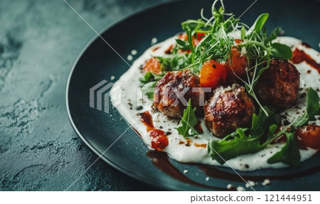 Meatballs with sauce and greens on rustic background 121444951
