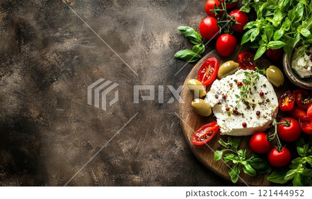 Feta cheese with olives and tomatoes on rustic background 121444952