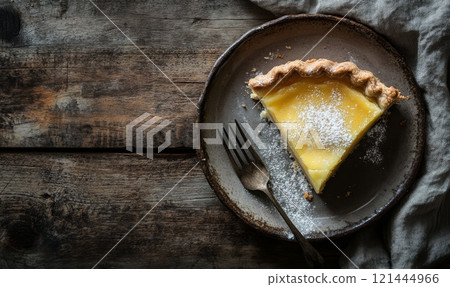 Slice of lemon pie on rustic background 121444966