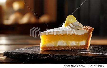 Slice of lemon pie on rustic background 121444967