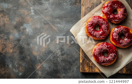 Hot jam donuts on parchment paper on wooden board, breakfast concept 121444997