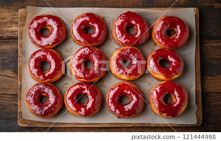 Hot jam donuts on parchment paper on wooden board, breakfast concept 121444998