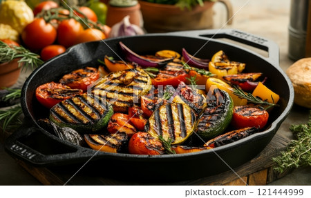 Vegetables on grill cast iron pan, on rustic background Vegetables on grill cast iron pan, on rustic background 121444999