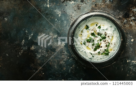 Tzatziki sauce in bowl on rustic background Tzatziki sauce in bowl on rustic background 121445003