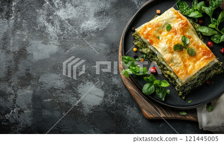 Spanakopita on a plate on rustic background, traditional food 121445005