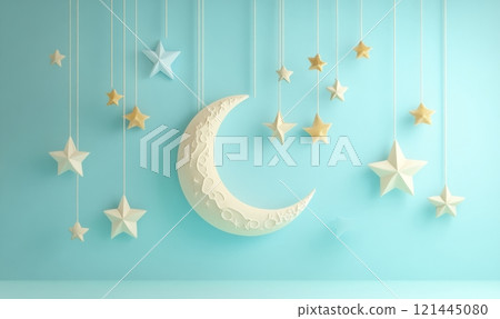 Hanging crescent moon and stars on light blue background Hanging crescent moon and stars on light blue background 121445080