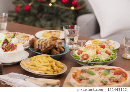 A sumptuous meal on the table at a Christmas party 121445112