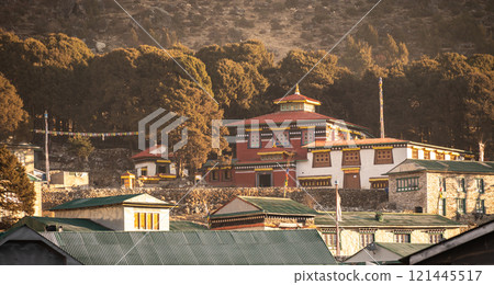 Khumjung Gompa monastery at dawn. This is a Buddhist monastery situated in the beautiful Khumjung valley of Nepal. Khumjung Gompa monastery at dawn. This is a Buddhist monastery situated in the beautiful Khumjung valley of Nepal. 121445517