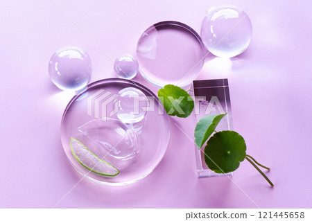Aloe leaves and centella are displayed with serum droplets on a soft pastel backdrop. 121445658