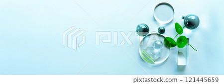 Arrangement features aloe and centella with clear serum droplets, ideal for spa. Banner for your text 121445659