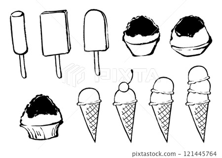 Brush-drawn ice cream and shaved ice illustration set Brush-drawn ice cream and shaved ice illustration set 121445764