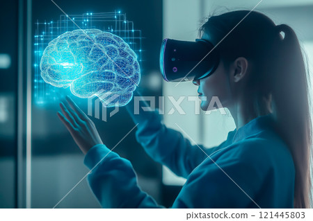 A patient lies calmly inside an MRI machine in a hospital. The concept of advanced medical imaging, healthcare technology, and diagnostic precision. Generative AI. 121445803
