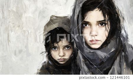 Two young refugee girls looking sad and desperate Two young refugee girls looking sad and desperate 121446101