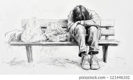 Homeless man suffering from depression sitting on bench 121446102