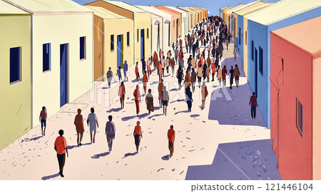 Crowd walking down narrow street between buildings 121446104