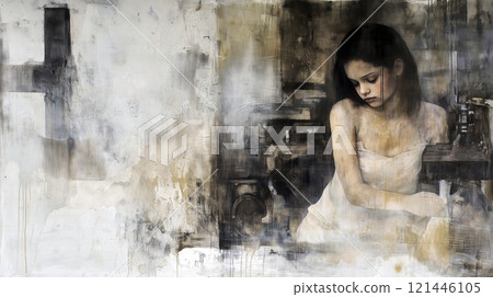 Young woman feeling despair and sorrow in poverty 121446105