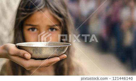 Girl holding empty bowl hoping for food donation 121446140