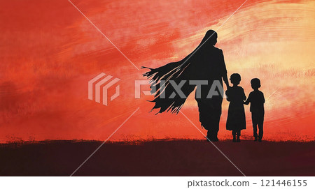 Mother and children walking under red sky representing poverty and hardship 121446155