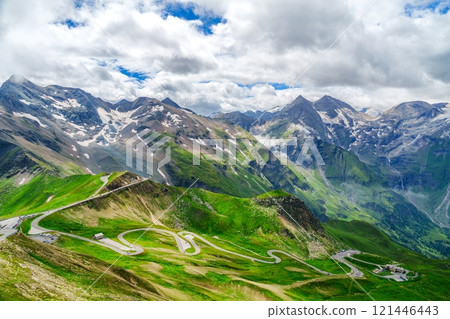 Curvy Road Through Green Mountain Landscape in Kaprun, Austria A Scenic Drive in the Alps Curvy Road Through Green Mountain Landscape in Kaprun, Austria A Scenic Drive in the Alps 121446443