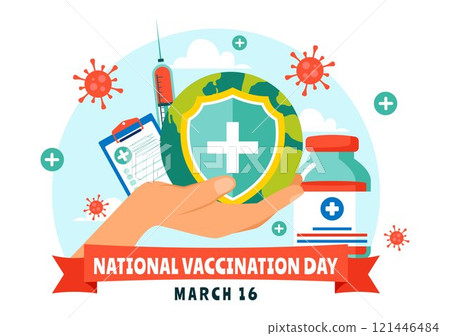 National Vaccination Day Illustration Celebrated on March 16, Featuring a Vaccine Syringe to Promote Strong Immunity and Health Care in a Background 121446484