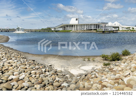 Lake view of the Qigu visitor center in Tainan, Taiwan, one of the Southwest Coast National Scenic Area attractions. 121446582