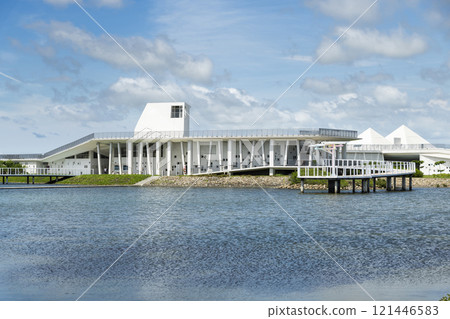 Lake view of the Qigu visitor center in Tainan, Taiwan, one of the Southwest Coast National Scenic Area attractions. 121446583