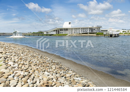 Lake view of the Qigu visitor center in Tainan, Taiwan, one of the Southwest Coast National Scenic Area attractions. 121446584