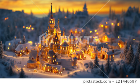 A magical and fantastical AI-generated image of a beautiful ice castle floating against the sky at dusk 121446597