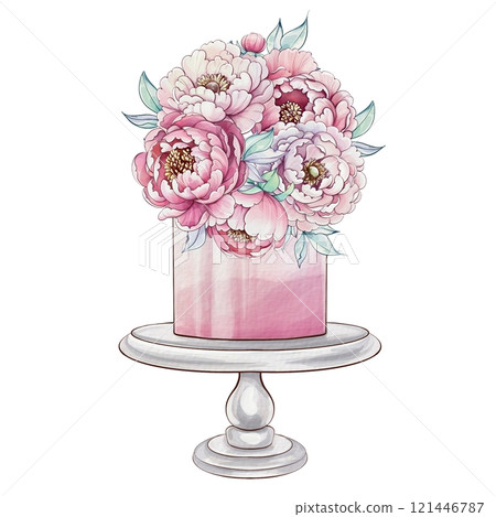 Soft watercolor captures a stunning cake topped with blooming peonies, elegantly resting on a simple pedestal stand, evoking floral beauty 121446787