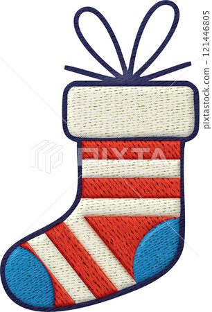 A festive patchwork stocking with embroidery stitches as christmas ornaments 121446805