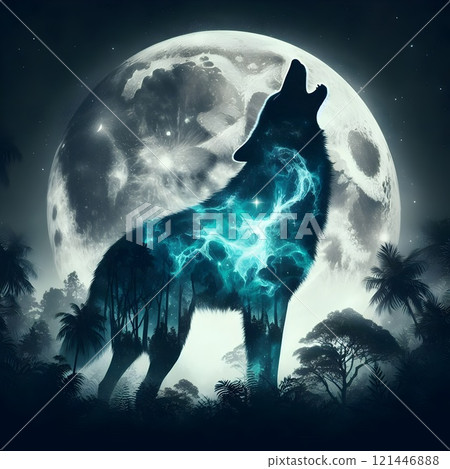 A wolf howling against a bright full moon merges its image with a dense night forest. The mystical atmosphere is heightened by the blue glow, symbolizing the bond between nature and mystery. 121446888