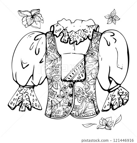 Traditional dress puff lace blouse vest of Tyrol Alps, South American female fashion, floral pattern embroidery. Hand drawn ink vector isolated illustration. Design travel, vacation, brochure, shop 121446916