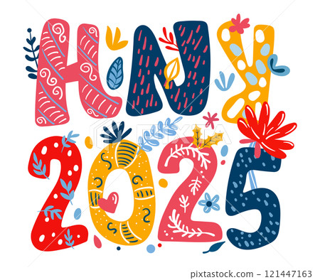Graphic Design for T-shirt in New Year 2025 theme. Colorful typography illustration words "HNY 2025" with cute plants on a transparent background. 121447163