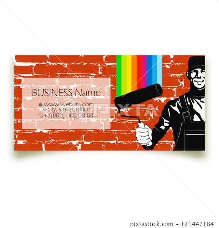 Master painter in uniform painting a brick wall business card concept Master painter in uniform painting a brick wall business card concept 121447184