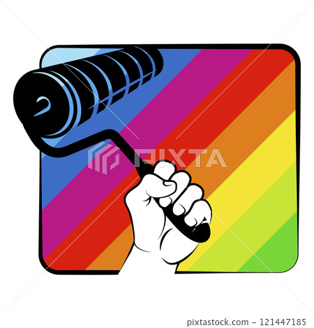 Paint roller in hand, waves of colored paint Paint roller in hand, waves of colored paint 121447185