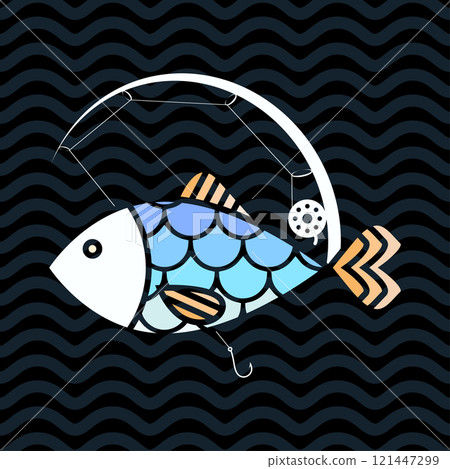 Fish with fins and scales and silhouette of fishing rod with reel and hook 121447299