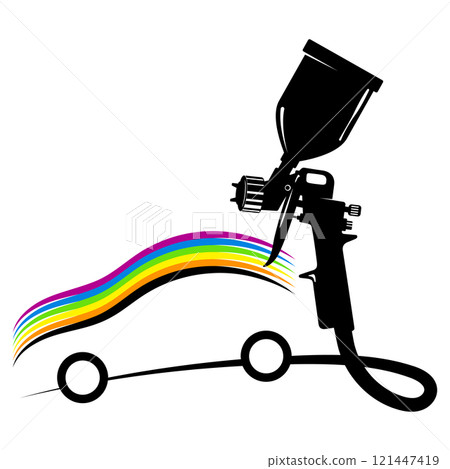 Silhouette of a car with colored paint, spray gun Silhouette of a car with colored paint, spray gun 121447419