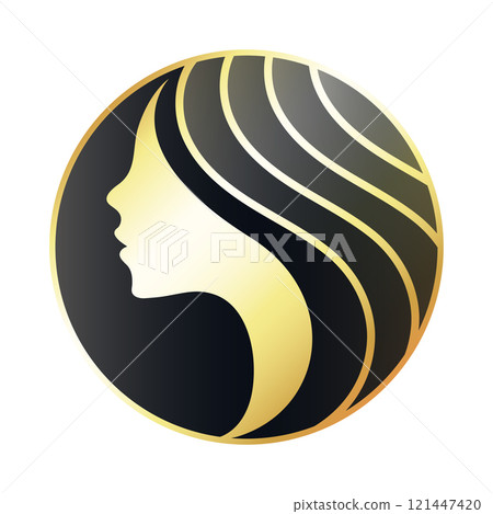 Silhouette of a girl in a circle, gold on a black background Silhouette of a girl in a circle, gold on a black background 121447420