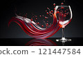 A dynamic image of a stream of red wine that curves and creates a motion effect next to an elegant glass. The red color and dark background emphasize the intensity of the composition. 121447584