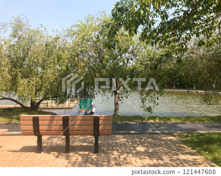 Brown bench, footpath, tree and lake in Hong Kong outdoor public park 121447608