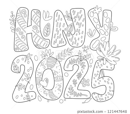 Graphic Design for T-shirt in New Year 2025 theme. Black outline with white plain typography illustration words "HNY 2025" with cute plants on a transparent background. Graphic Design for T-shirt in New Year 2025 theme. Black outline with white plain typography illustration words "HNY 2025" with cute plants on a transparent background. 121447648