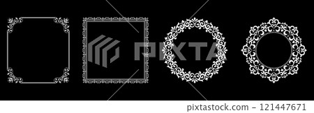 Set of decorative frames Elegant vector element for design in Eastern style, place for text. Floral black and white borders. Lace illustration for invitations and greeting cards. Set of decorative frames Elegant vector element for design in Eastern style, place for text. Floral black and white borders. Lace illustration for invitations and greeting cards. 121447671