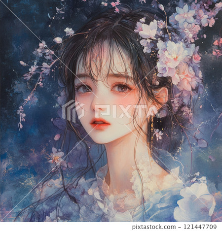 Portrait of a beautiful woman surrounded by cherry blossoms 121447709