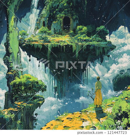 漂浮在天空中的島嶼的動畫風格插圖 121447723